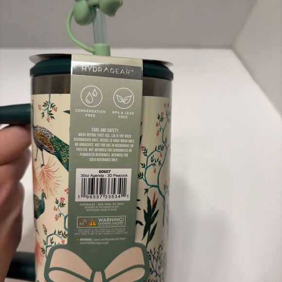 Hydragear Green Cream Peacock Print Stainless Steel Tumbler 30 Oz Bow Straw - Picture 7 of 7